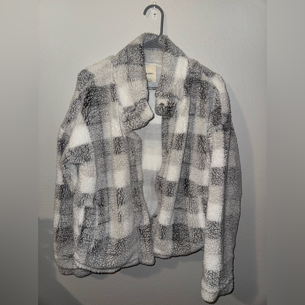 Thread & Supply Gray and White Plaid Sherpa Jacket